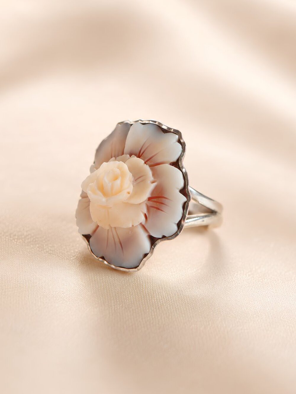 Shell Cameo Flower Ring in Sterling Silver